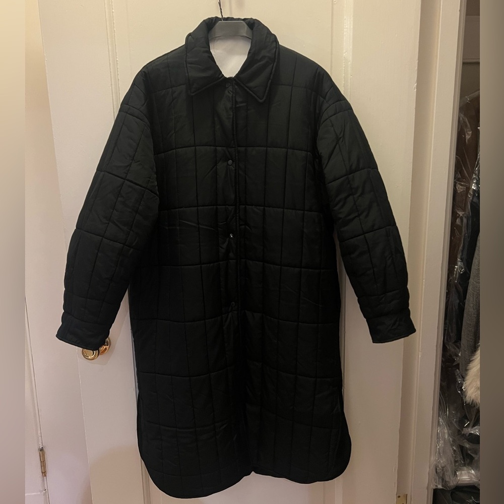 Zara classic black quilted longline jacket, size XS